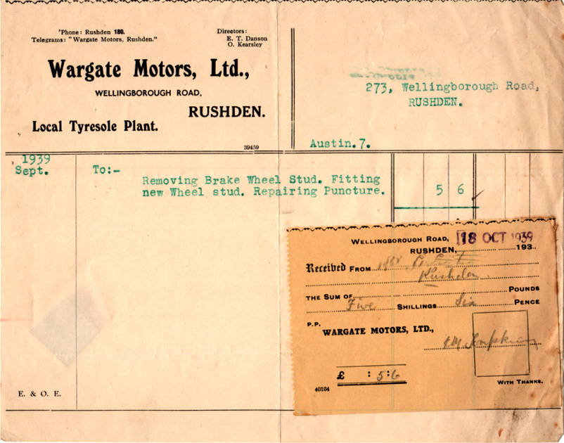 Rushden museum-Wargate Motors invoice