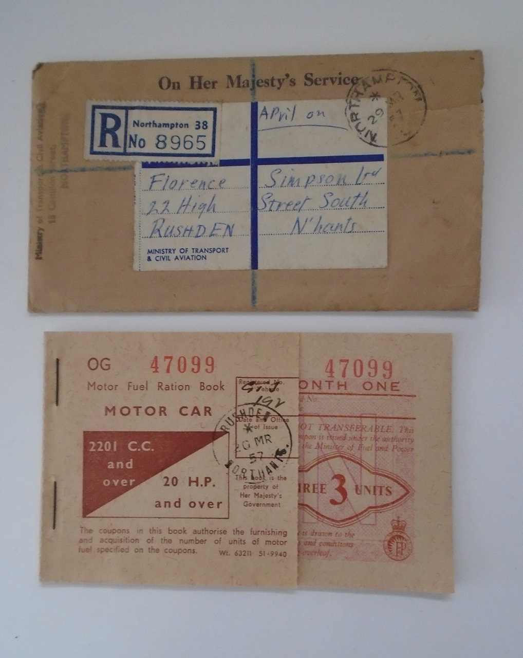 Rushden museum-motor fuel ration book Simpson